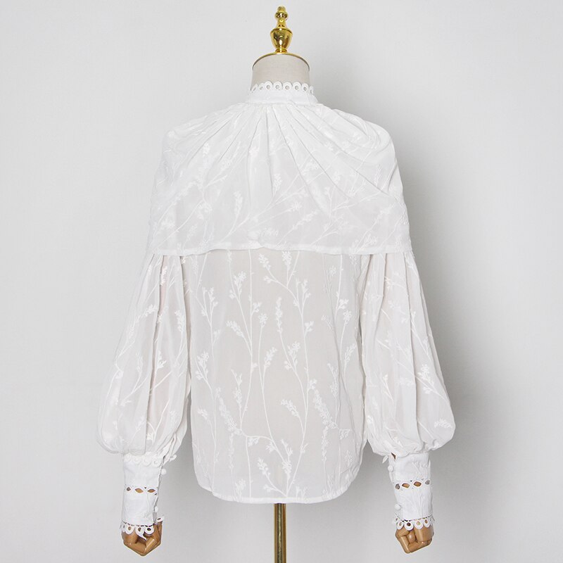 VGH-camisa con bordado blanco para mujer, blusa informal de manga farol con cuello levantado, Ropa nueva de para otoño