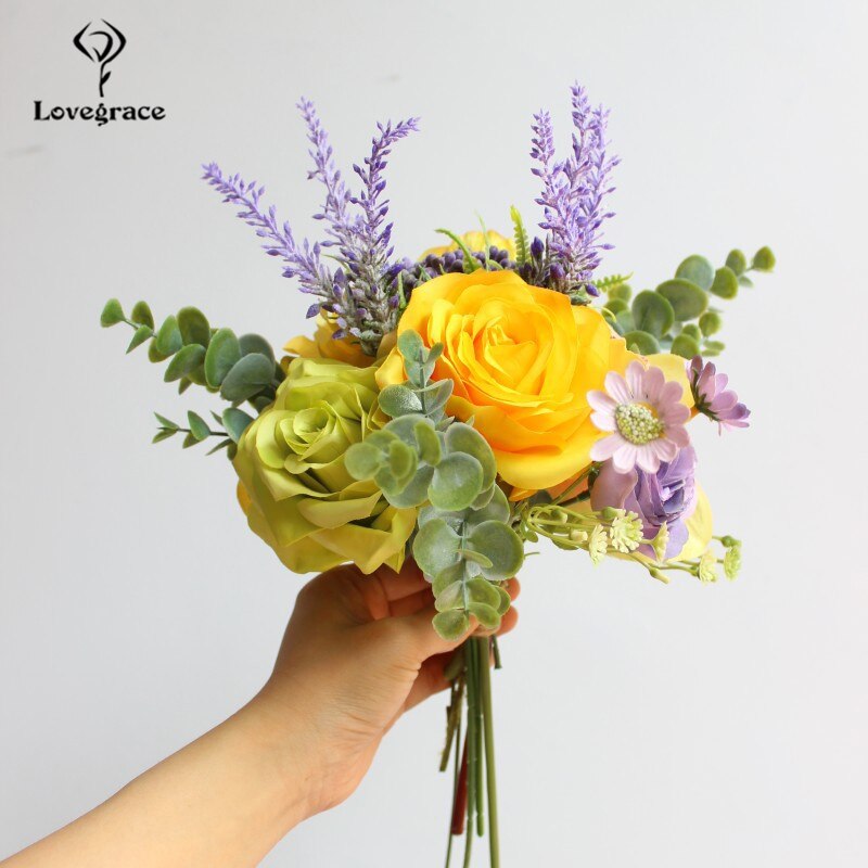 Lovegrace bröllopsbukett brudbukett konstgjord siden ros blomma pion orkidé hortensia lavendel daisy gul bröllop leverans