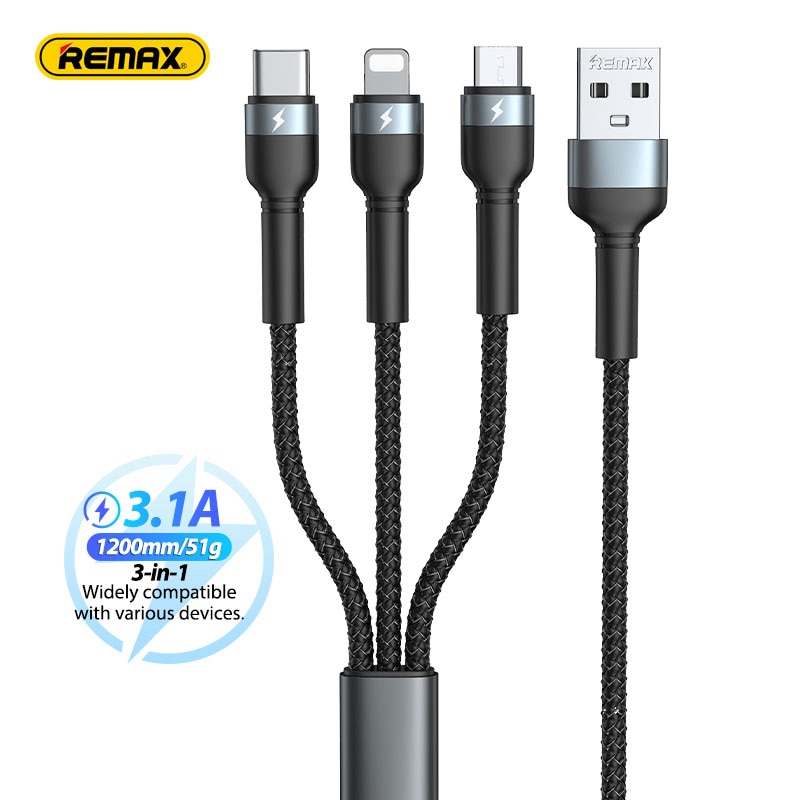 Remax 3 in 1 3a hurtigoplader usb c kabel typec lightning mikro dataoverførsel kabler telefon oplader ledning til iphone xiaomi samsung