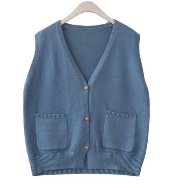 Sweater Vest Women Pocket Solid Simple Korean Knitted Open-stitch All-match Preppy Style Loose V-neck Sleeveless: blue