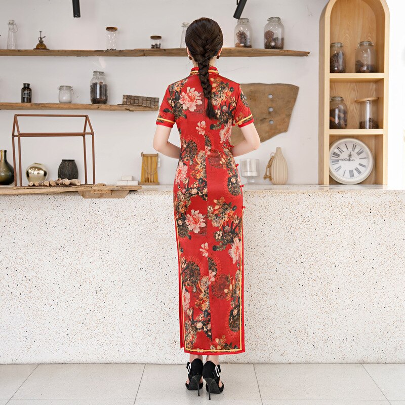 Chinese Qipao Mandarin Collar High-Split Red Cheongsam Short-Sleeve Vintage Stage Show Dress For Women Plus Size 3XL 4XL