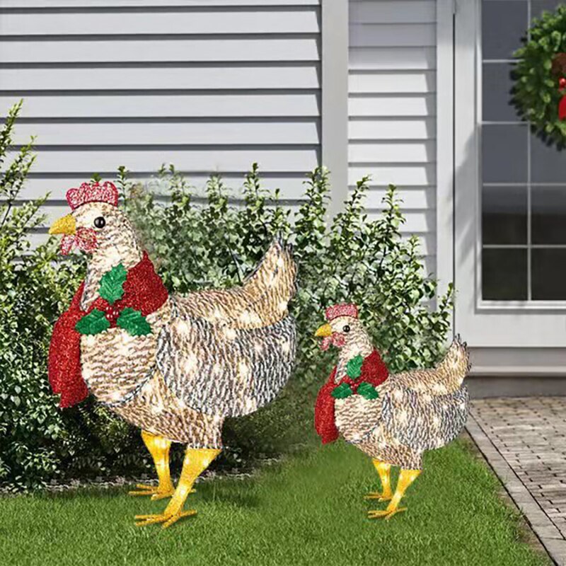 Outdoor Garden Light-Up Chicken LED Lights Christmas Decorationswith Scarf Party Flat Animals Statue Yard Ornament
