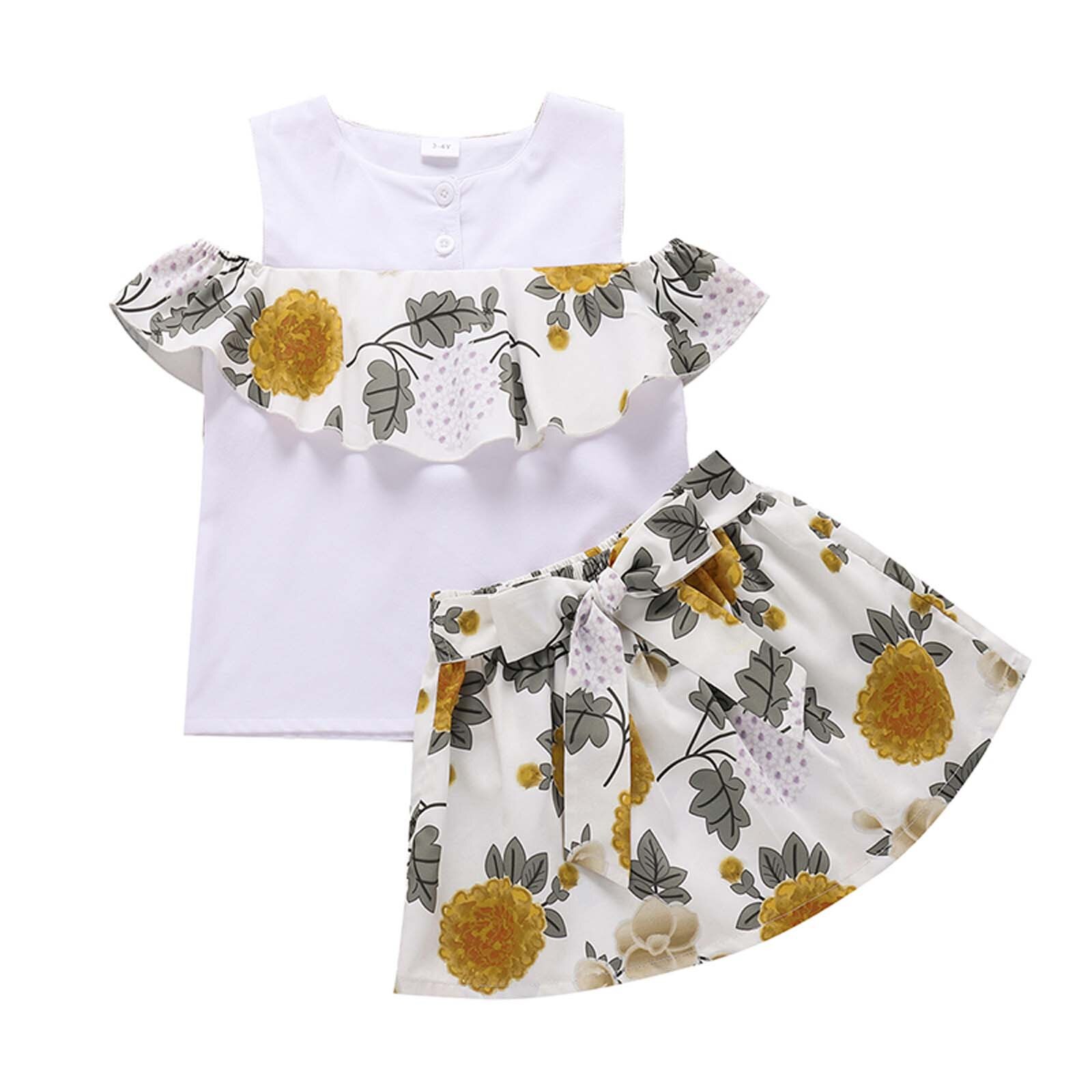 Childern Clothes Toddler Kids Baby Girls Summer Sweet Vest Bow Print Skirt Clothes Set Kids Clothing 2PCS Outfit Set: White / 3 Years