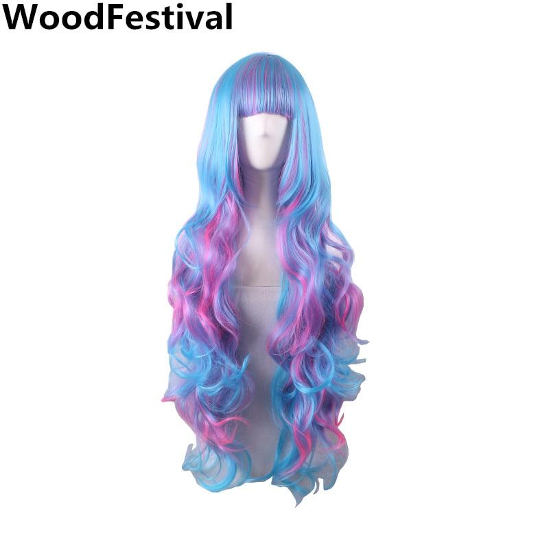 Woodfestival Womens Multi Kleur Synthetisch Haar Golvend Cosplay Pruiken Voor Vrouwen Hittebestendige Regenboog Lange Pruik