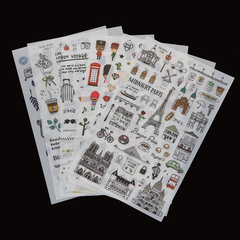 6 st/pakket Parijs Landschap Transparante Sticker Student Dagboek Label Cartoon Diy Decoratie Plakboek Decoratie Beloning Berichten