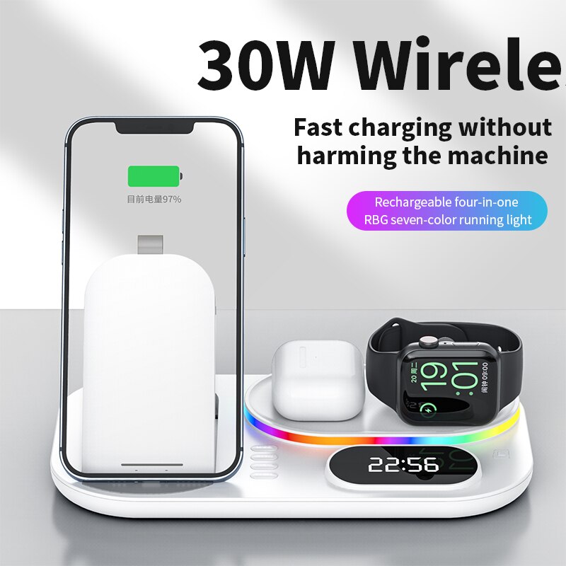 Cargador inalámbrico 4 en 1 de 30W para iPhone, estación de carga rápida para Apple Watch 7 6/Airpods Pro