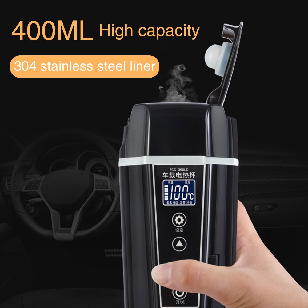 400ML Temperature Display Universal Boiling Water Travel Kettle Coffee 12V 24V Car Heating Cup Vehicle Portable Kettle
