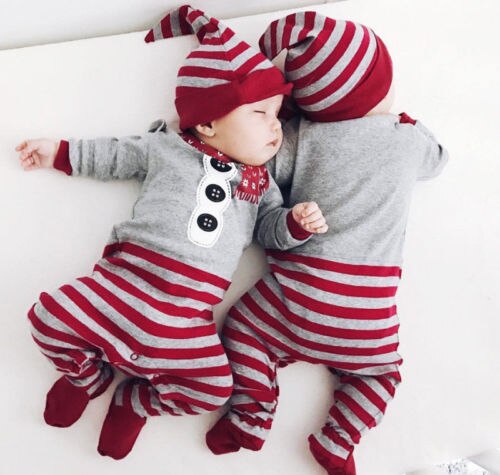 Herfst 2 stks Baby Jongen Meisje Kerst Santa Streep Lange Mouwen Footies Jumpsuit En Hoed Casual Outfit Kleding set