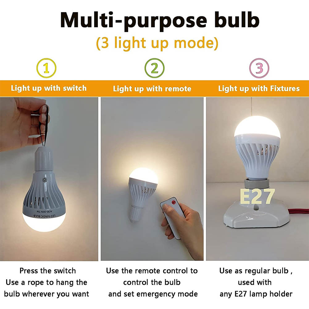 7w e27 led-pærer genopladelig nødlampe med led-pære, varm hvid/hvid til soveværelse  ac 85-265v med ir-fjernbetjening