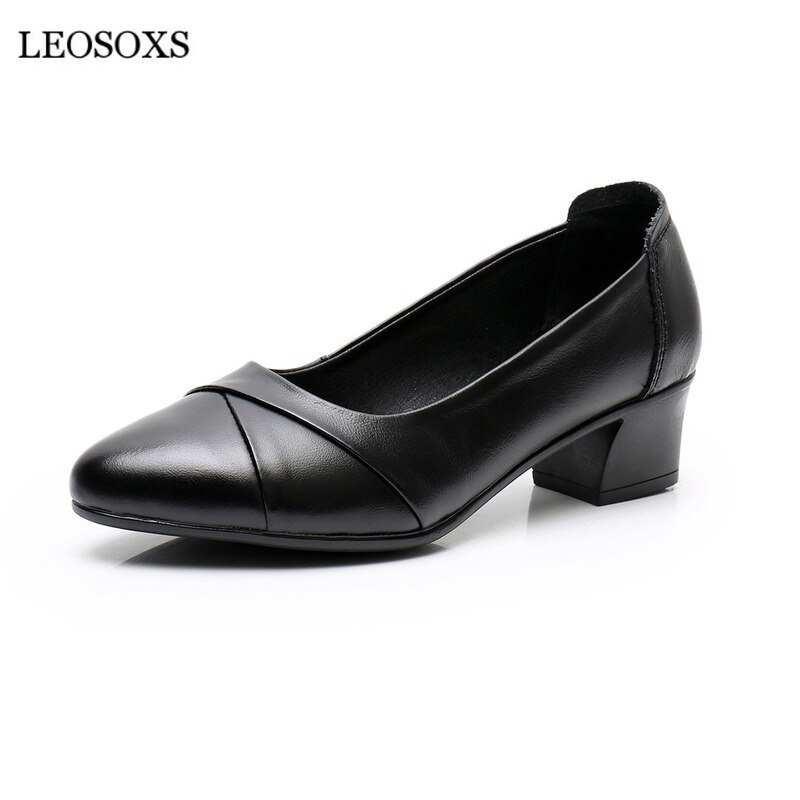 Leosoxs kvinder pumper sko kvindelige slip-on enkelt sko kvinder forår efterår firkantede hæl klassiske pumper fritidskontor dame sort