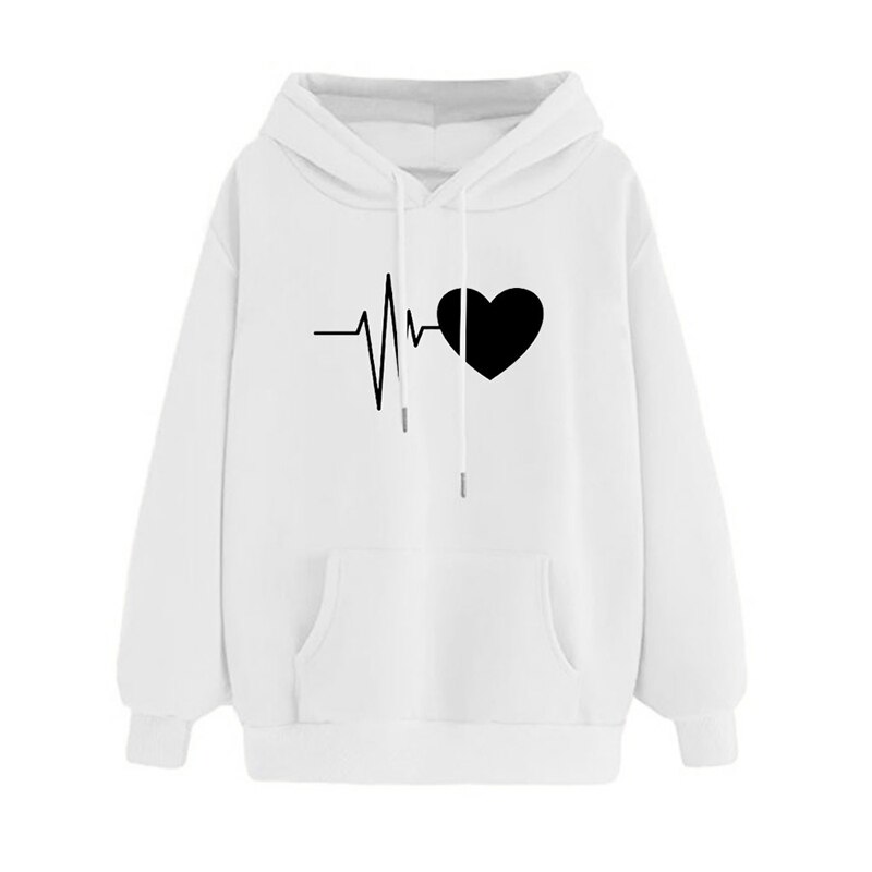 Autumn Women Hoodies Long Sleeve Cotton Gym Sweater Boyfriend Style Heart Gesture Hooded Sweatershirt Loose Pullover Tops: M / White