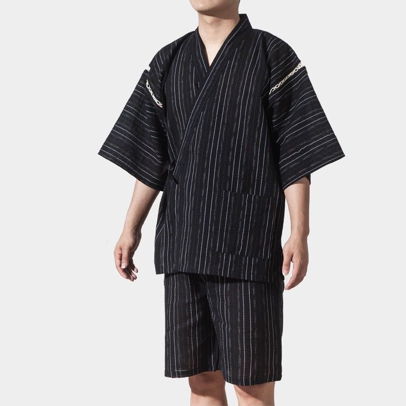 Mannen Japan Stijl Pyjama Sets Yukata Kimono Nachtkleding Half Mouw V-hals Tops Shorts Gestreepte Nachtkleding Pyjama Homme 226-117: Black / XL