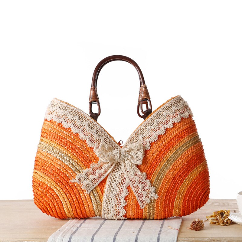 Mode Bohemen Zomer Vrouwen Kant Boog Stro Weven Rotan Handtas stro Strandtas Geweven Schouder Tote Shopping Beach Bag: Oranje