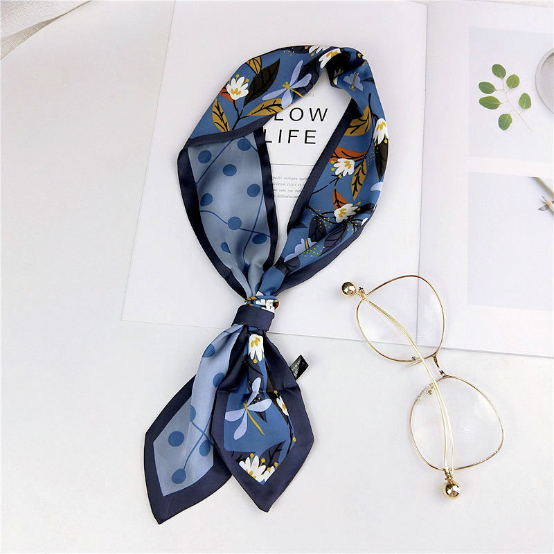 7 x 92cm langt tyndt hår hals slips krave tørklæde damer blomst trykt silke satin hoved håndtaske bånd tørklæder til kvinder: Marine blå