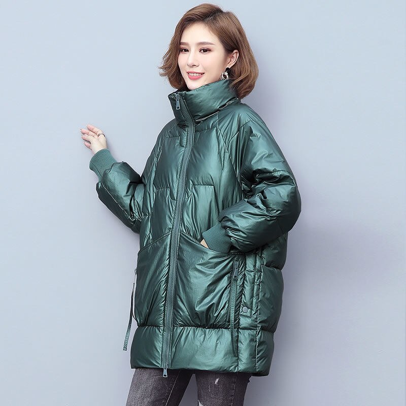 Doudoune mi-longue en coton pour femme, vêtement ample et fin, couleur unie, Version coréenne, à la , hiver: Green / L 55-62.5kg