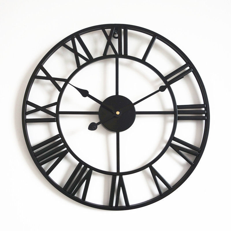 16 inch Dia Large Metal Decoration Wall Clock With Roman Numerals: Black