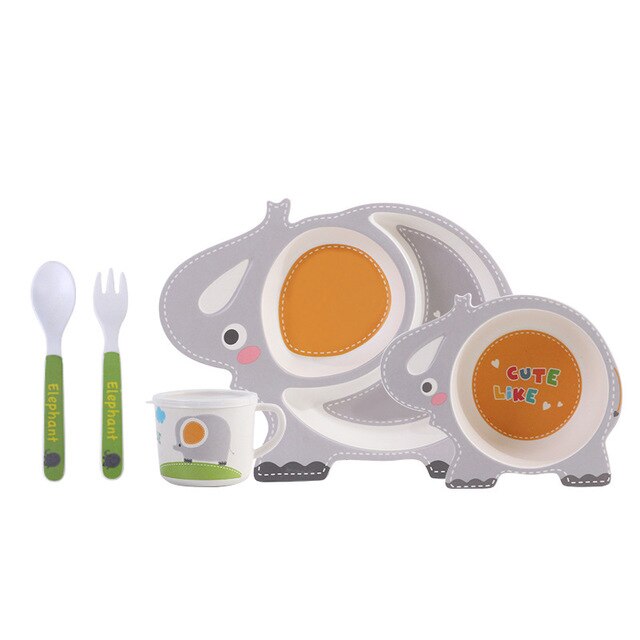 Juego de vajilla de fibra de bambú para bebés, juego de 5 unidades de platos para bebés, plato con separación de dibujos animados para niños, Bol, tenedor, cuchara, vasos, suministros de alimentación