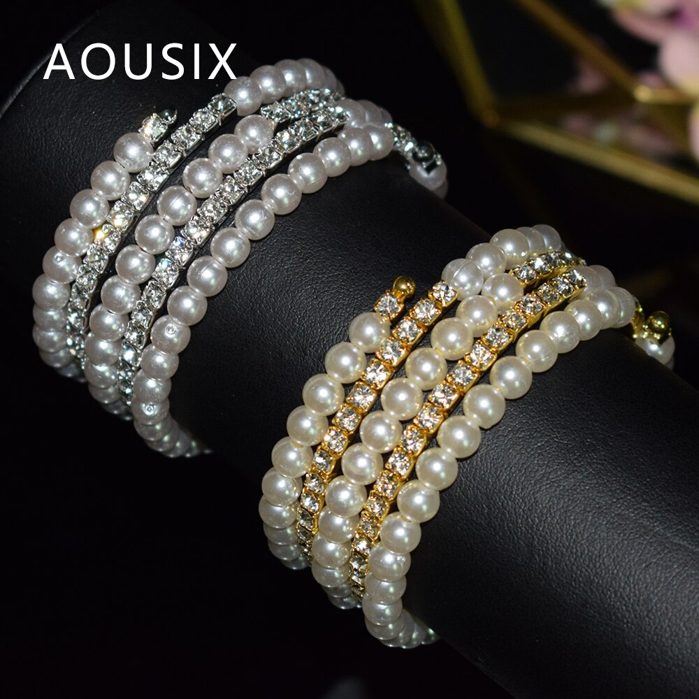 Elegante braccialetto di perle di cristallo multistrato estensibile braccialetto di perle per le donne polsini braccialetti strass gioielli da sposa Accessori