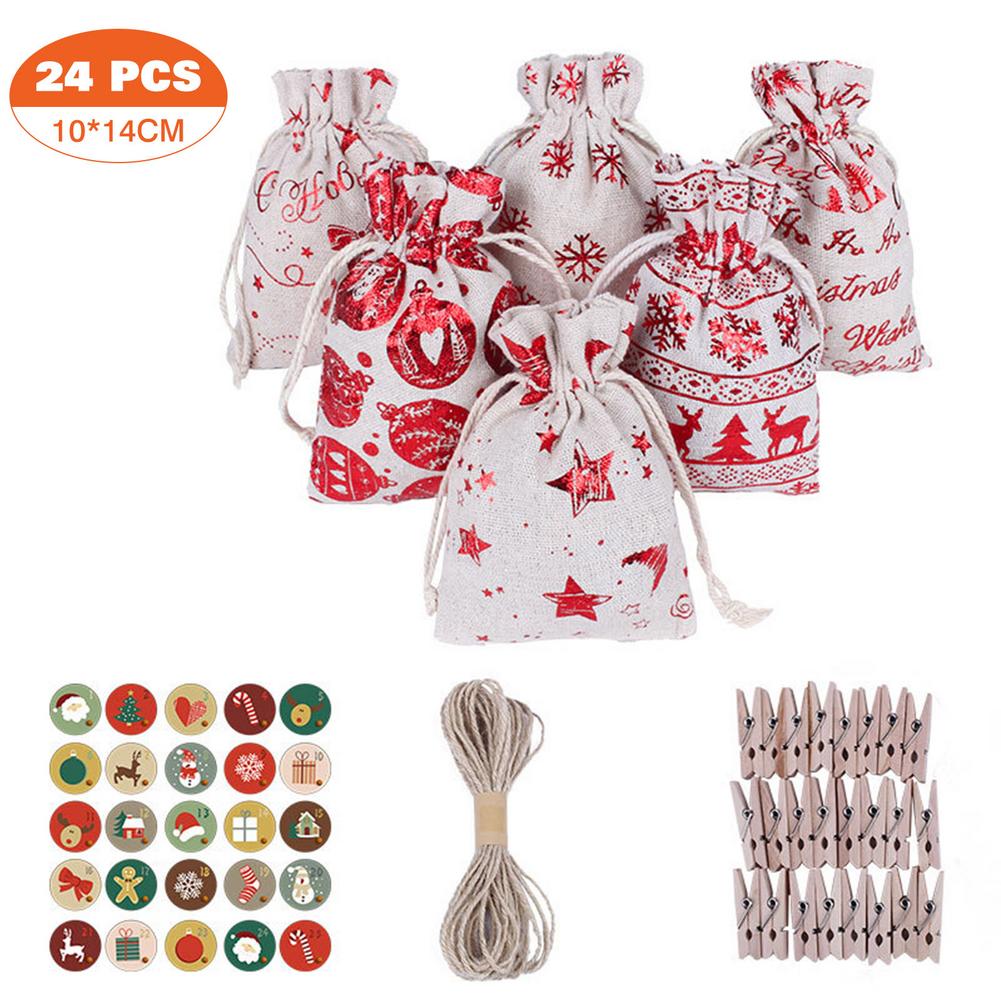 Christmas Pattern Candy Bag 1-24 Advent Bundle Calendar Countdown Jute Bag Candy Storage Pouch DIY Christmas Advent Calendar Bag: A