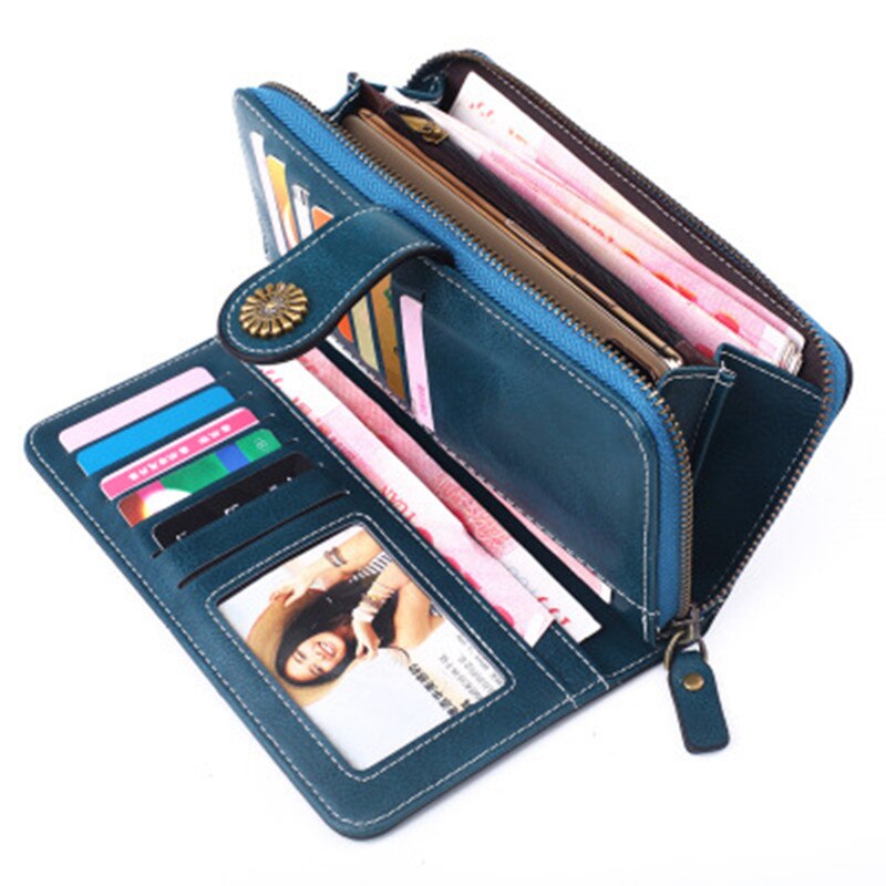 Damen-geldbörse aus gewachstem leder im retro-stil mit langem reißverschluss, handytasche, kartenetui und handtasche.