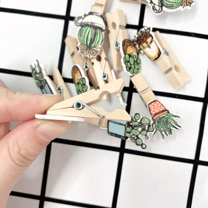10 Uds de macetas de madera de cactus con cuerda de cáñamo, clip de decoración para habitación, Clips de papel de notas de Cactus bonitos