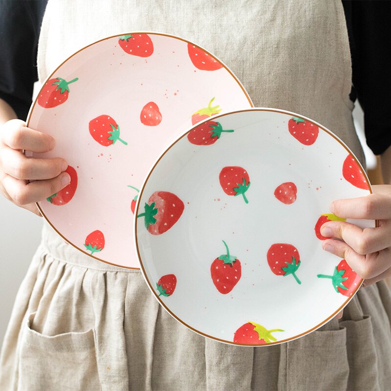 Vaisselle en porcelaine, mignonne bol en céramique, grande cuillère en porcelaine, tasse de café, articles de table mignons motif de fraise rose