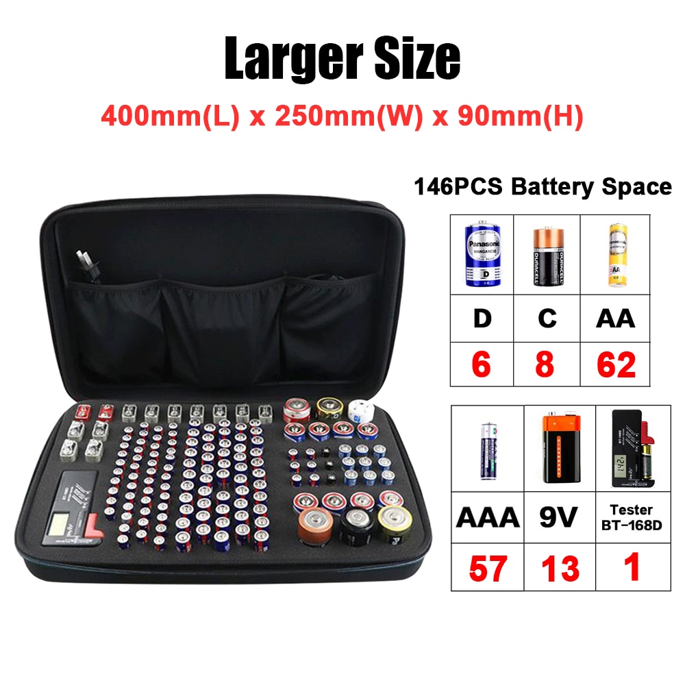 146 Pcs Portable Hard Shockproof EVA AA/AAA/C/D/9V Battery Case Box Storage Organizer Holder for Tester Extra Space for Charger