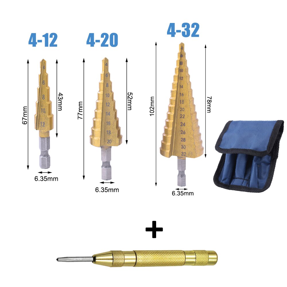 DIZAINLIFE HSS Cobalt Twist Step Drill Bit Set Cone Pagoda Shape Wood Metal Hole Cutter Drilling Titanium Coated Core Drill Bit: 4 PCS With Bag B