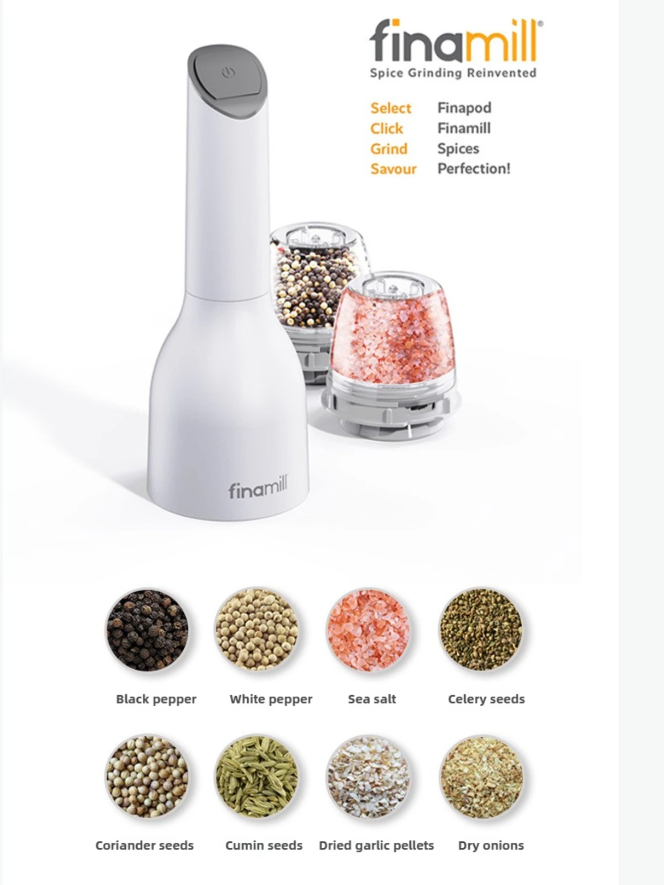 Finamill Electric Pepper Grinder Household One-handed Automatic Sea Salt Pepper Sesame Seasoning Grinding Bottle