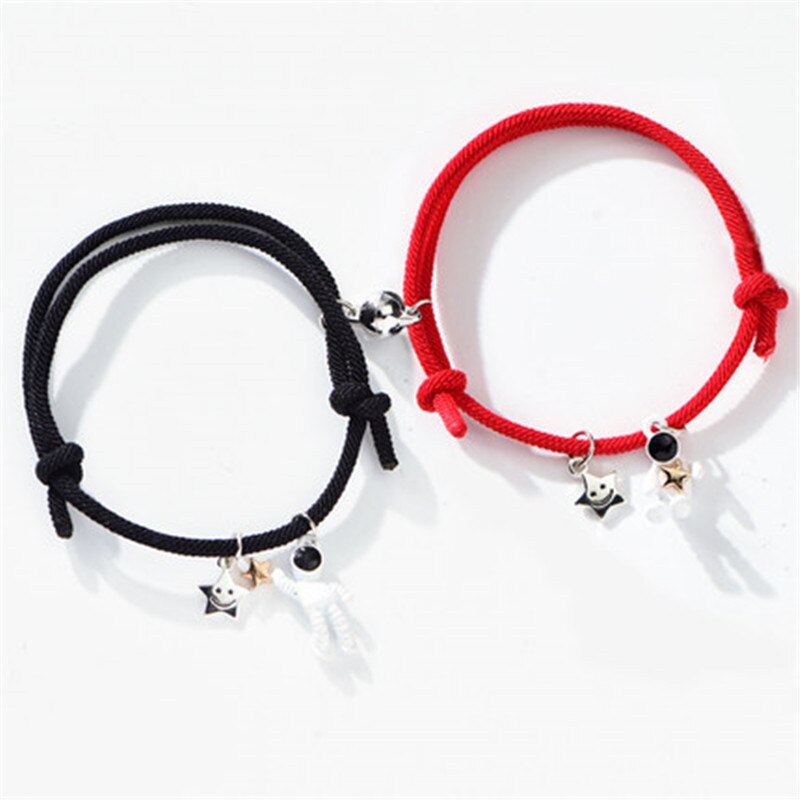 2Pcs/set Couple Bracelet Magnetic Attraction Bracelet Friendship Rope Bracelet Cute Star Astronaut Bracelet for Women: black red white