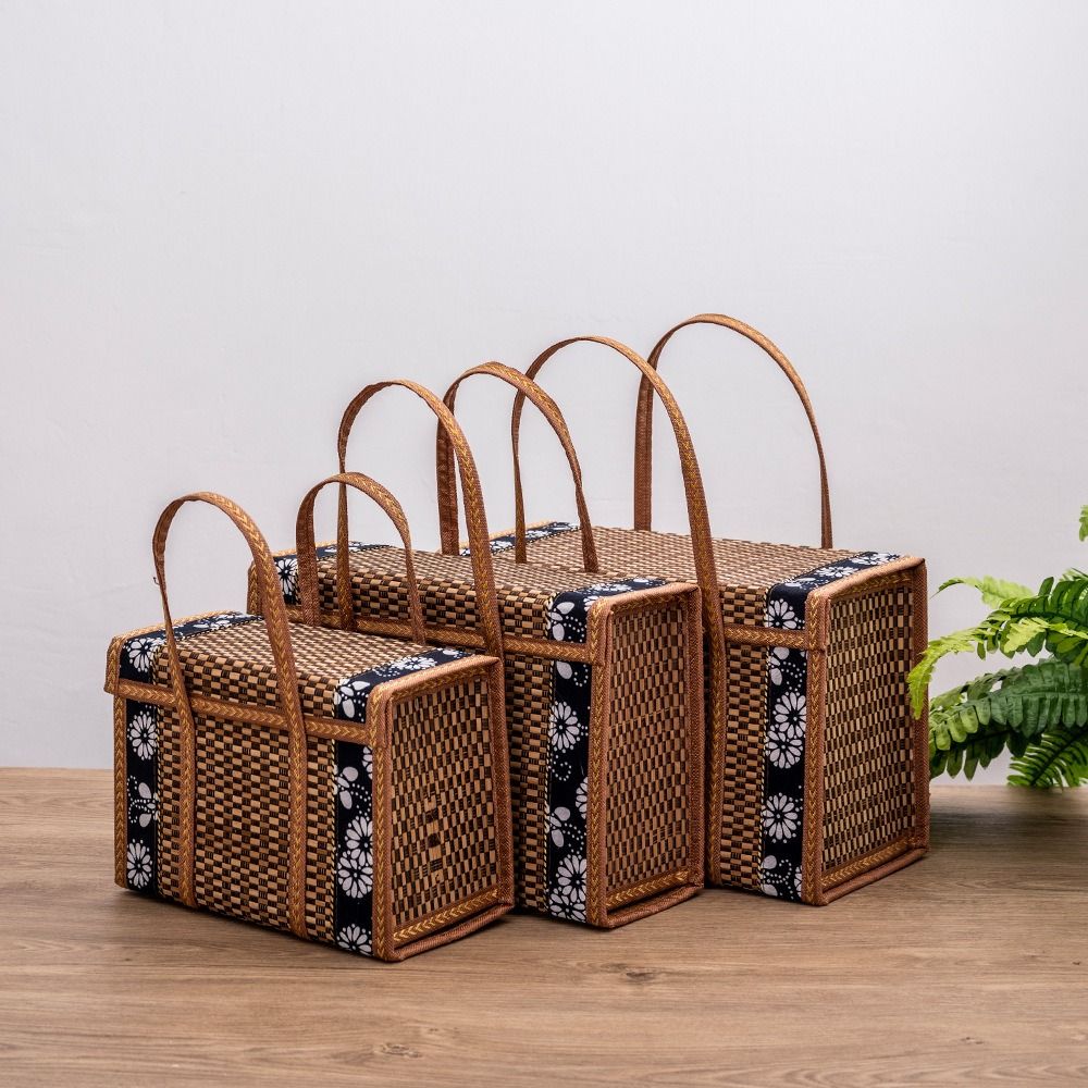 Bamboo Bamboo Picnic Basket Rectangular Large Capacity Hand-Woven Basket with Lid Foldable Handheld Woven Basket Photo Prop