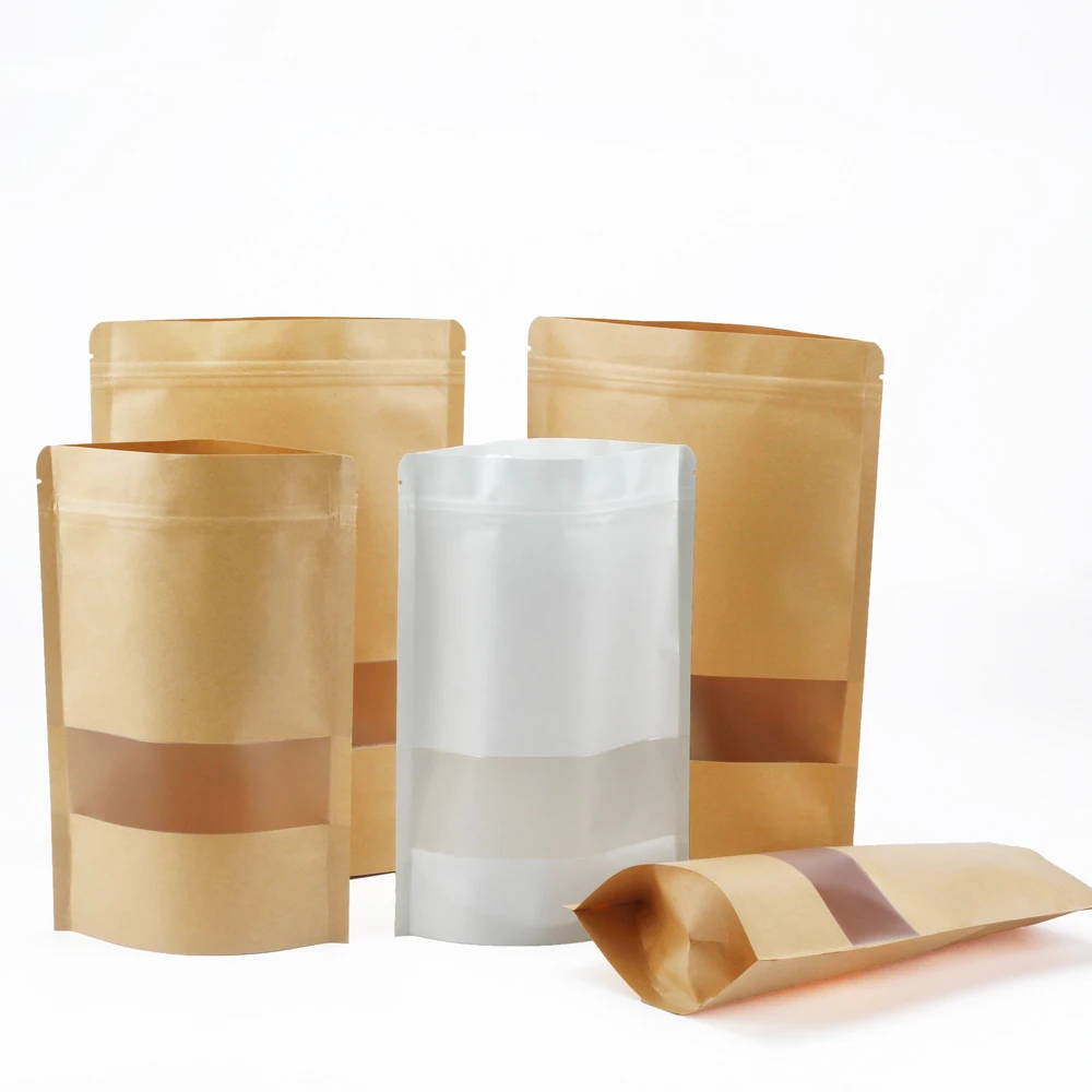 20/50pcs Kraft Paper Zip Lock Bags with Clear Window Reusable Packing Stand Up Dried Food Fruit Tea Self Sealing Pouches