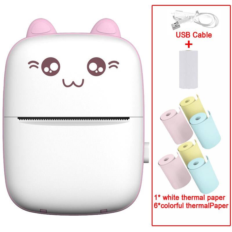Portable MINI CAT Printer Thermal Print Photo Pocket Thermal Label Printer 58mm Printing Wireless Bluetooth Android IOS Printers: Pinkadd6colorful