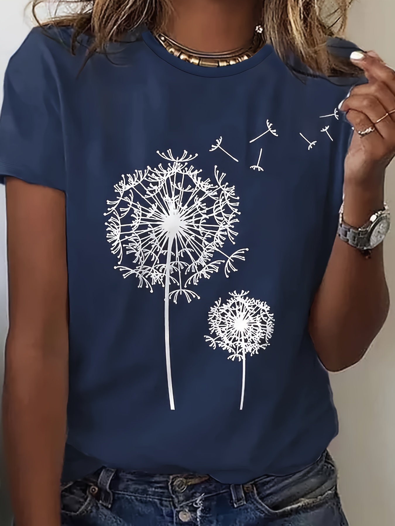 Dandelion Print Crew Neck T-Shirt, Casual Short Sleeve Top For Spring & Summer, Women's Clothing: S / Blue