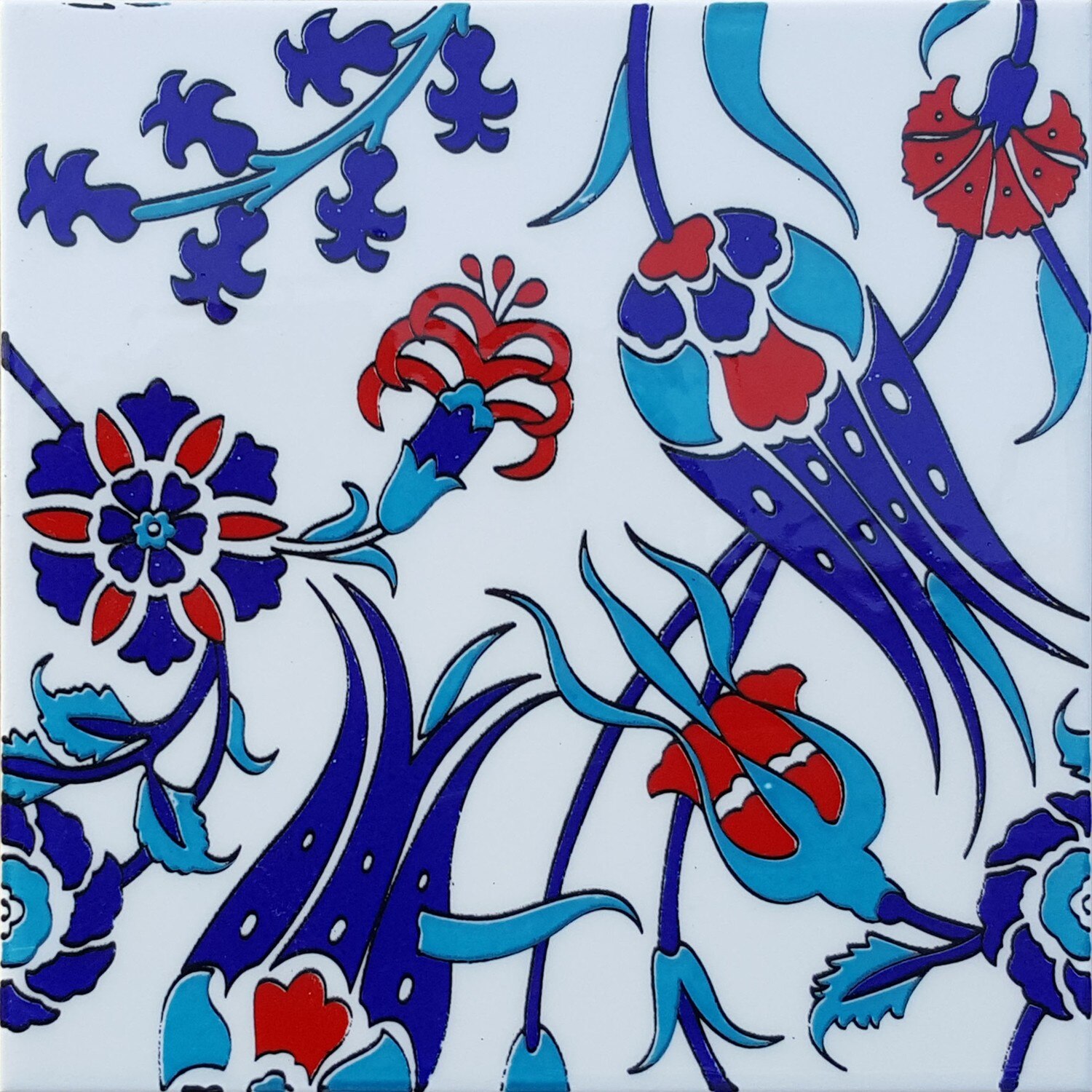 Iznik Blue Tulip & Carnation Pattern Turkish Ceramic Tile – 8x8 Inches (20cm X 20cm)