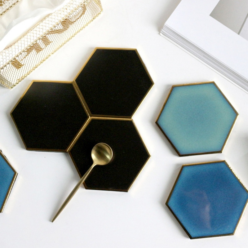 1 st nordisk hexagon guldpläterad keramisk bordstablett värmeisolering underlägg porslinsmattor underlägg bordsdekoration