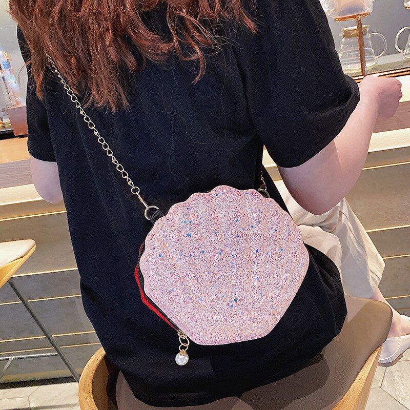 Bolso de mano con cadena de piel sintética para mujer, bolsa pequeña con de conchas oceánicas, color rosa, ideal para ir de compras o viajar, NSG158