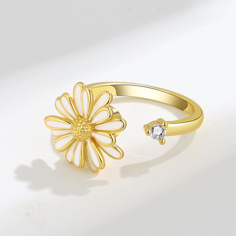 Cdjaime 2022 Draaibaar Anti Stress Angst Ring Windmolen Shape Golden Verstelbare Ringen Voor Vrouwen Mode-sieraden: white flower