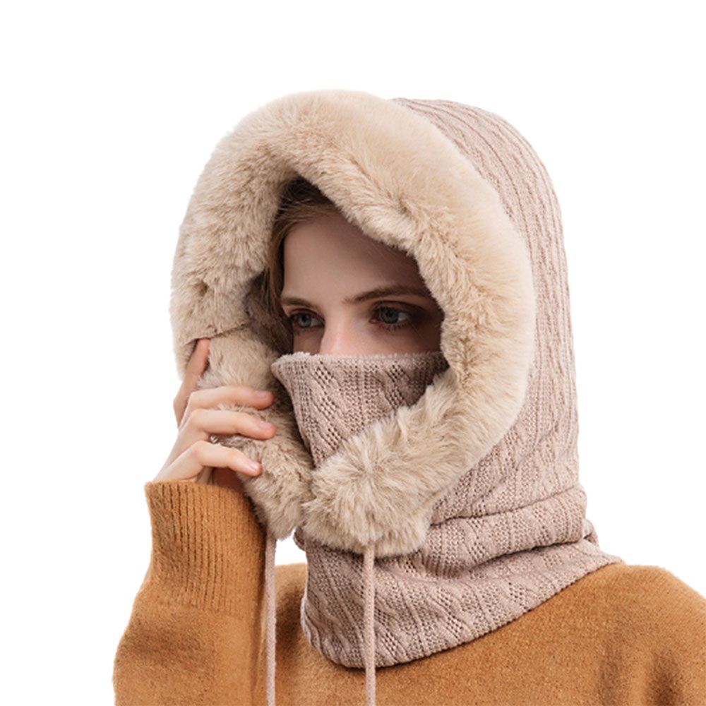 Ski Winter Cashmere Collar Hooded Cap Outdoor Riding Hat Set: beige