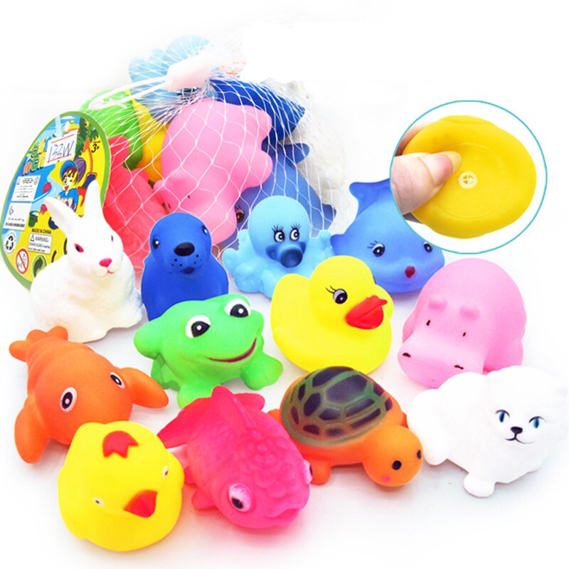 12 Stuks Leuke Dieren Zwemmen Water Speelgoed Kleurrijke Zachte Rubber Float Squeeze Sound Piepende Bathing Toy Baby Bad Badkamer Speelgoed