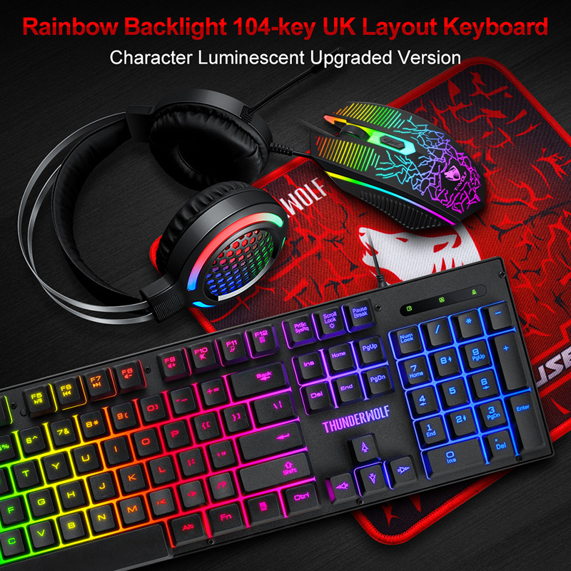 EAOR 4pcs Game Keyboard + Mouse + Headset + Mouse Pad Set, 2400DPI RGB Luminous Wired Gaming Keyboard Mouse Combos for PC Gamer