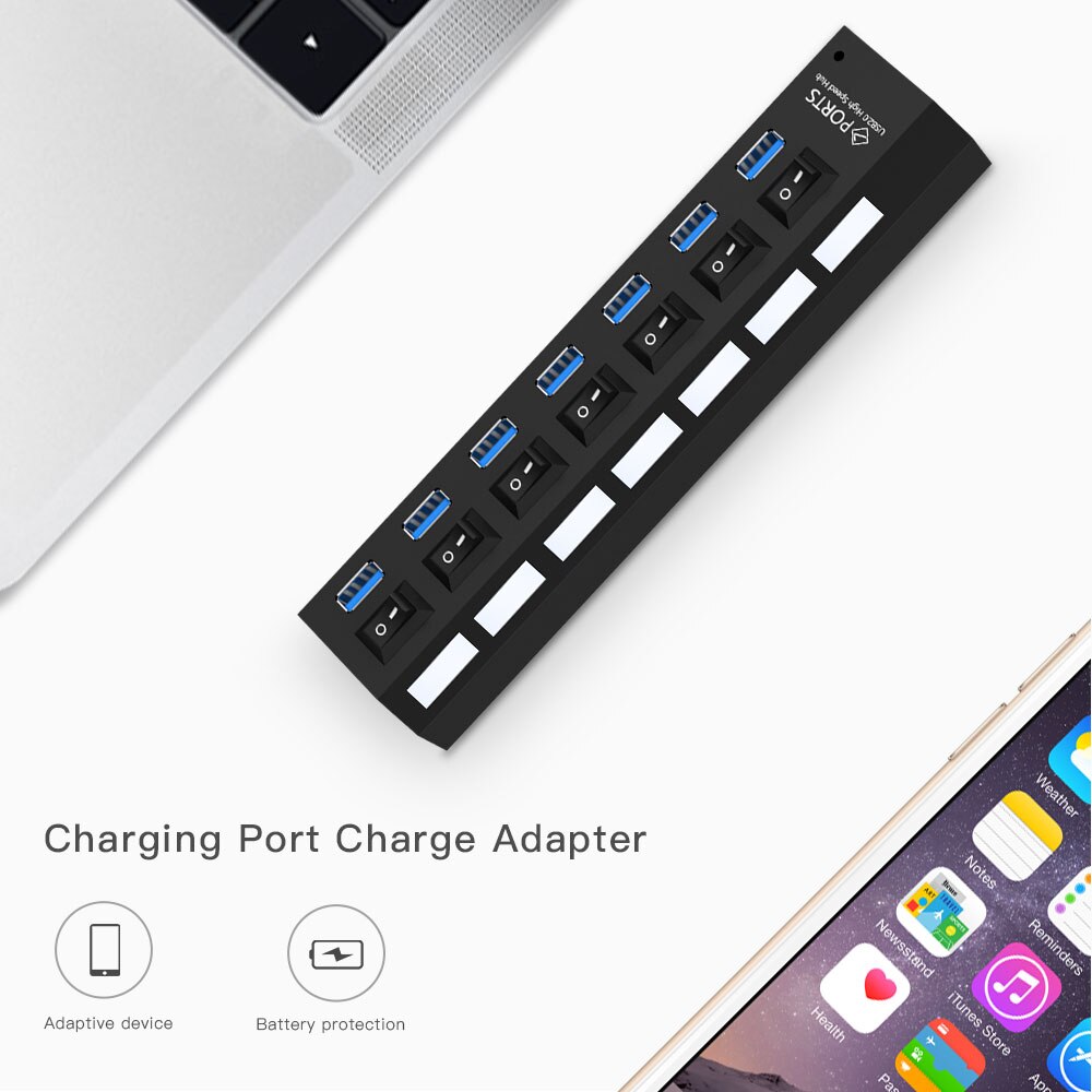7 Port USB Hub 3.0 High Speed 4 USB 3.0 Hub with EU/US Power Adapter Multi USB Splitter On/Off Switch For Tablet Laptop Computer