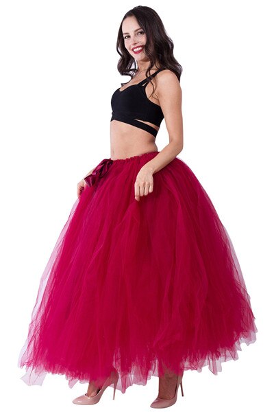 Schwarz Hoopless Lange Petticoat Hochzeit Krinoline Ballkleid Unterrock Schichten Tüll Rock Frau Erwachsene Tutu Braut Zubehör: Burgundy