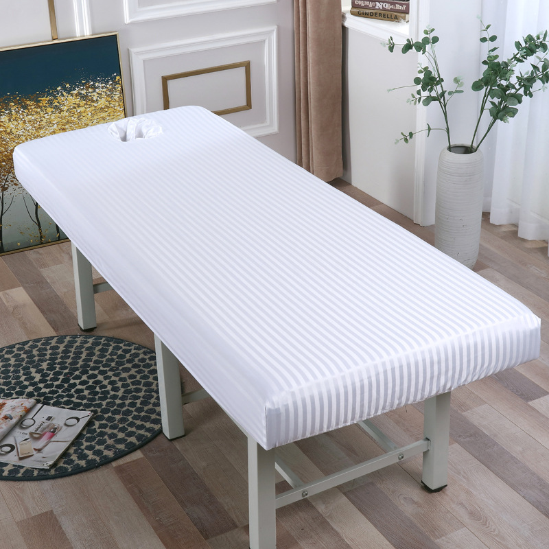 Gestreepte Massage Tafel Bed Hoeslaken Elastische Volledige Cover Rubber Band Massage Spa Bed Cover Met Gezicht Gat 4 maten: 190x70 / WHITE