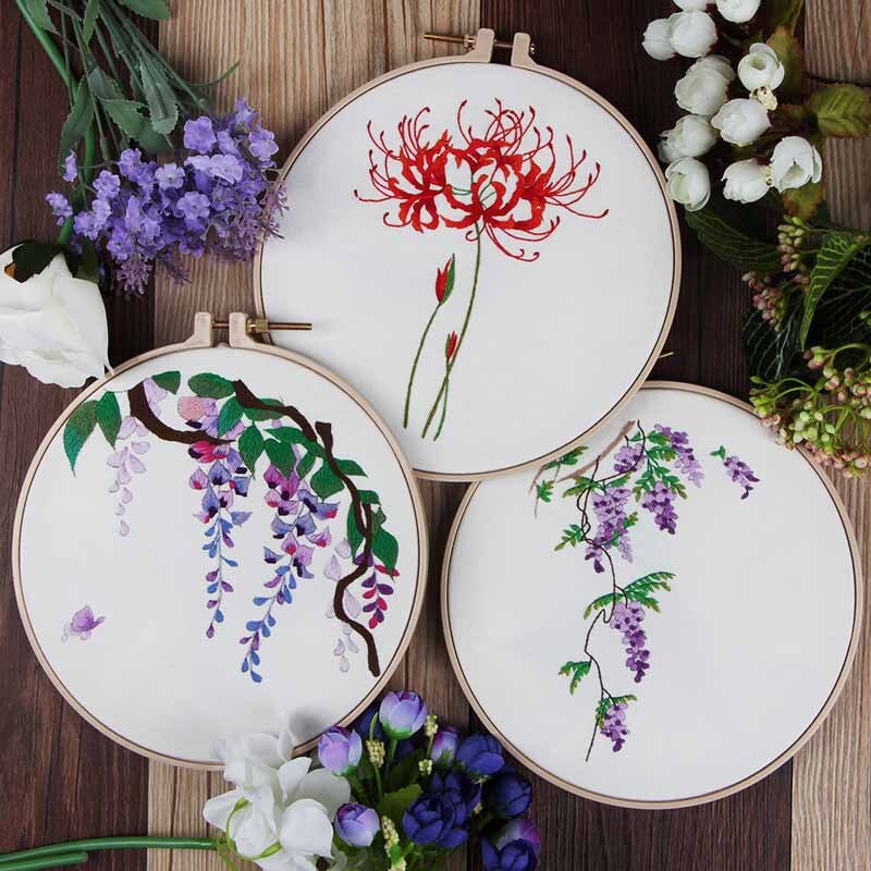 Handmade Chinese Flower Embroidery Kit with Hoop Needlework Cross Stitch Swing Meet Sets Art Handcraft Painting Wall Decor