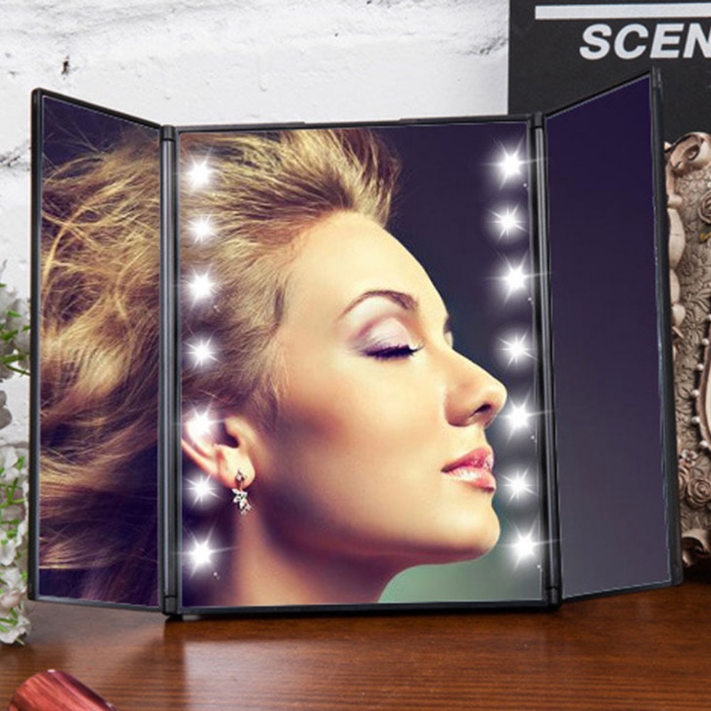 Portable Three Folding Table LED Lamp Luminous Makeup Mirror Cosmetic Mirror Adjustable Tabletop Countertop Light Mirror