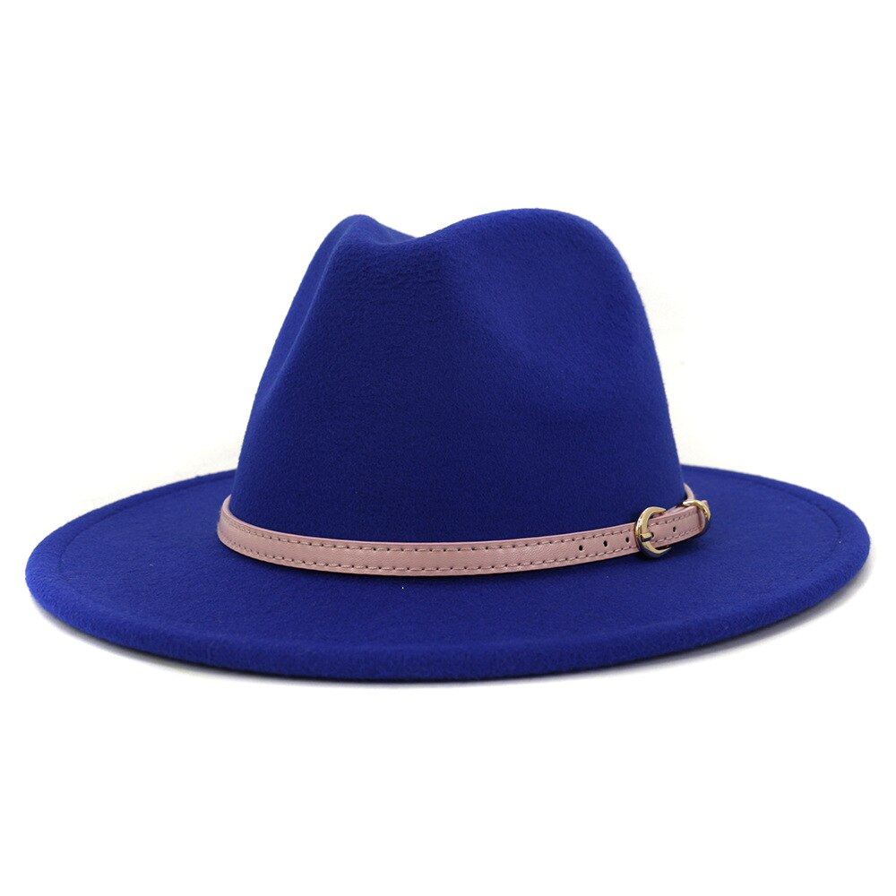 Fs roze vilten hoed winter fedora hoeden dames imitatie wol mix brede rand panama klassieke britse herfst dame jazz pet voor heren: Koningsblauw
