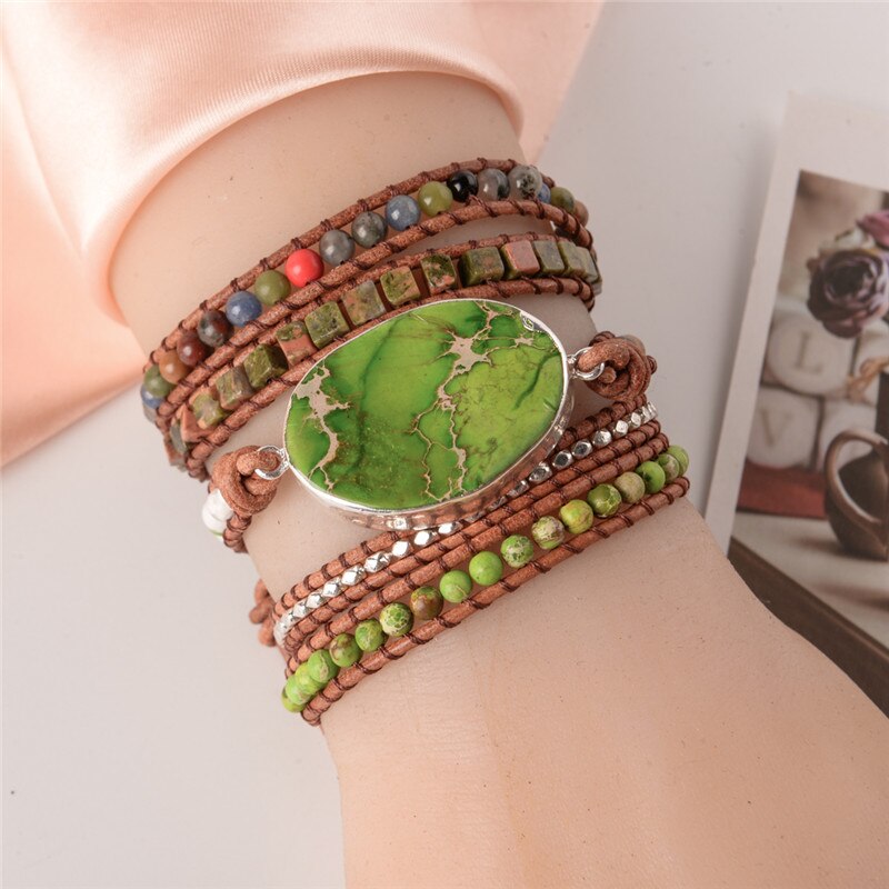 Exclusieve High End 5X Lederen Wrap Kralen Armband Enorme Natuursteen Armband, Chic Sieraden, Bohemian Wrap Armband