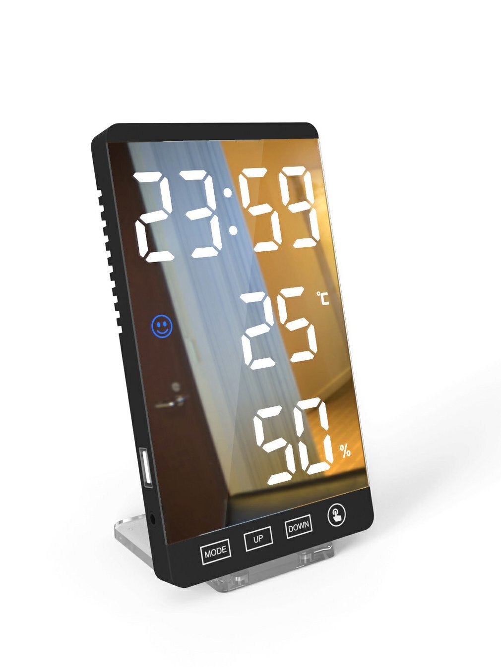 6 Inch LED Mirror Alarm Clock Touch Button Wall Digital Clock Time Temperature Humidity Display USB Output Port Table Clock: BLACK