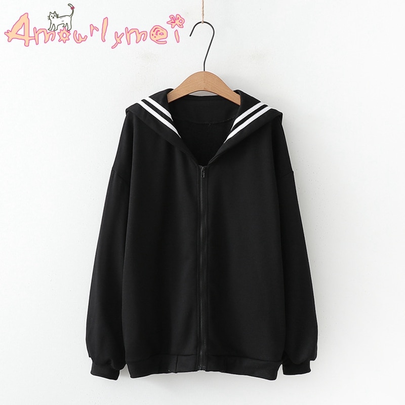 Japanese Preppy Style Autumn Women Jacket Mori Girl Kawaii Cotton Sailor collar Loose Long Sleeve Casual Coat Female Outerwear